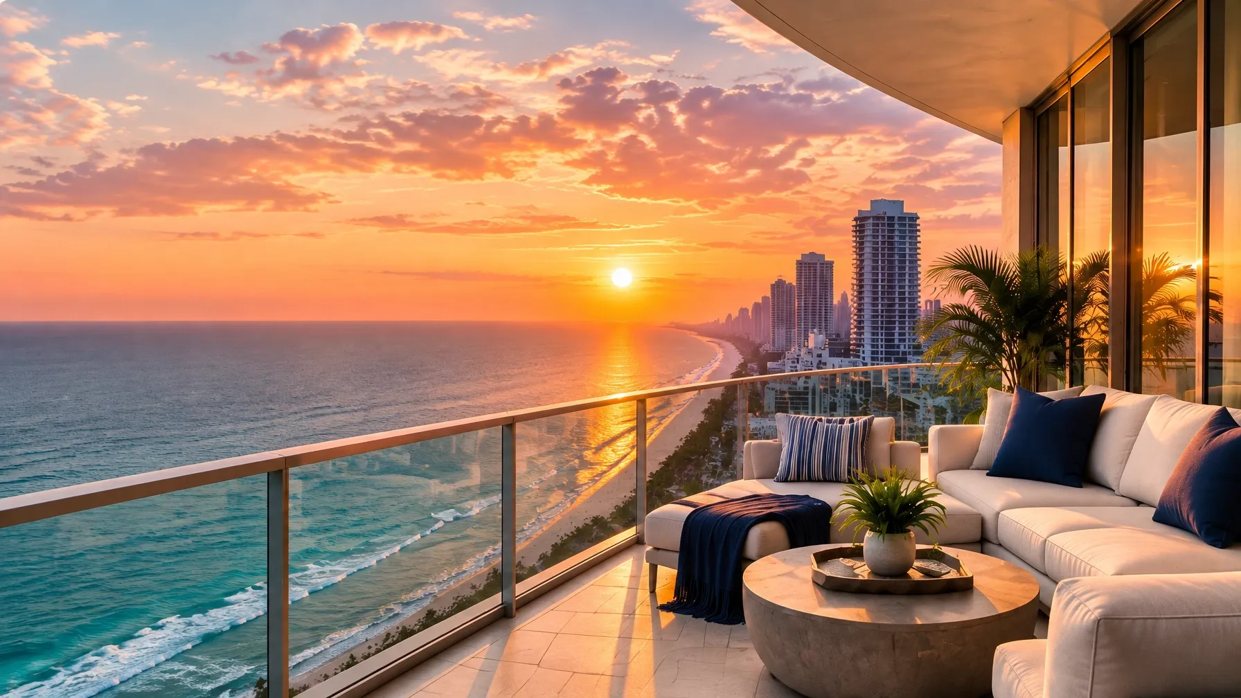Sunset over the South Florida coast from a luxury oceanfront balcony