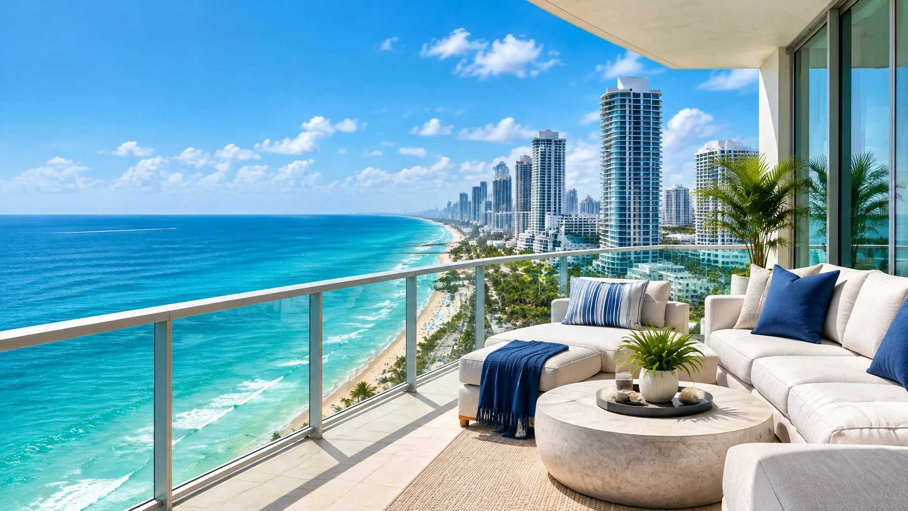 Coastal condominium buildings and ocean view in Miami Beach